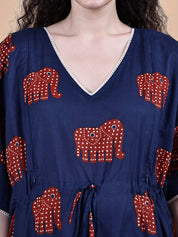 Navy Blue Elephant Cotton Maternity Kaftan