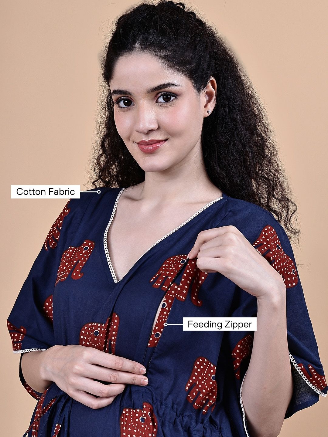 Navy Blue Elephant Cotton Maternity Kaftan