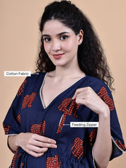 Navy Blue Elephant Cotton Maternity Kaftan