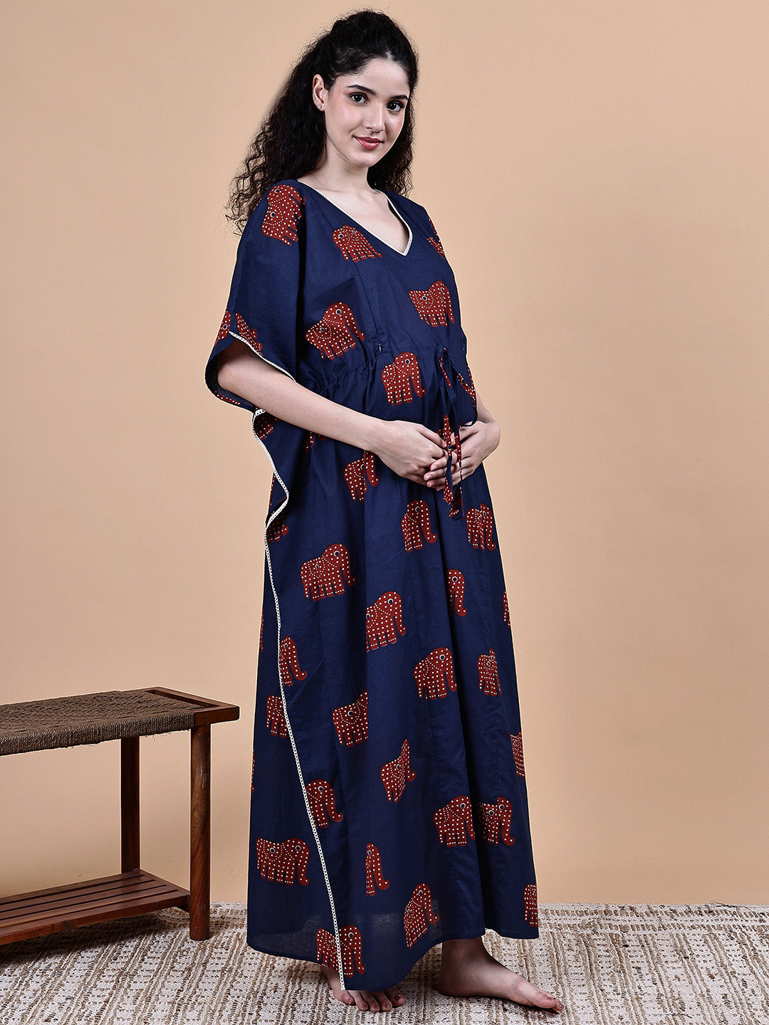 Navy Blue Elephant Cotton Maternity Kaftan