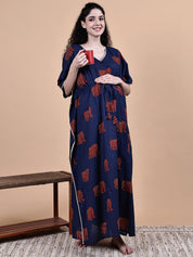 Navy Blue Elephant Cotton Maternity Kaftan