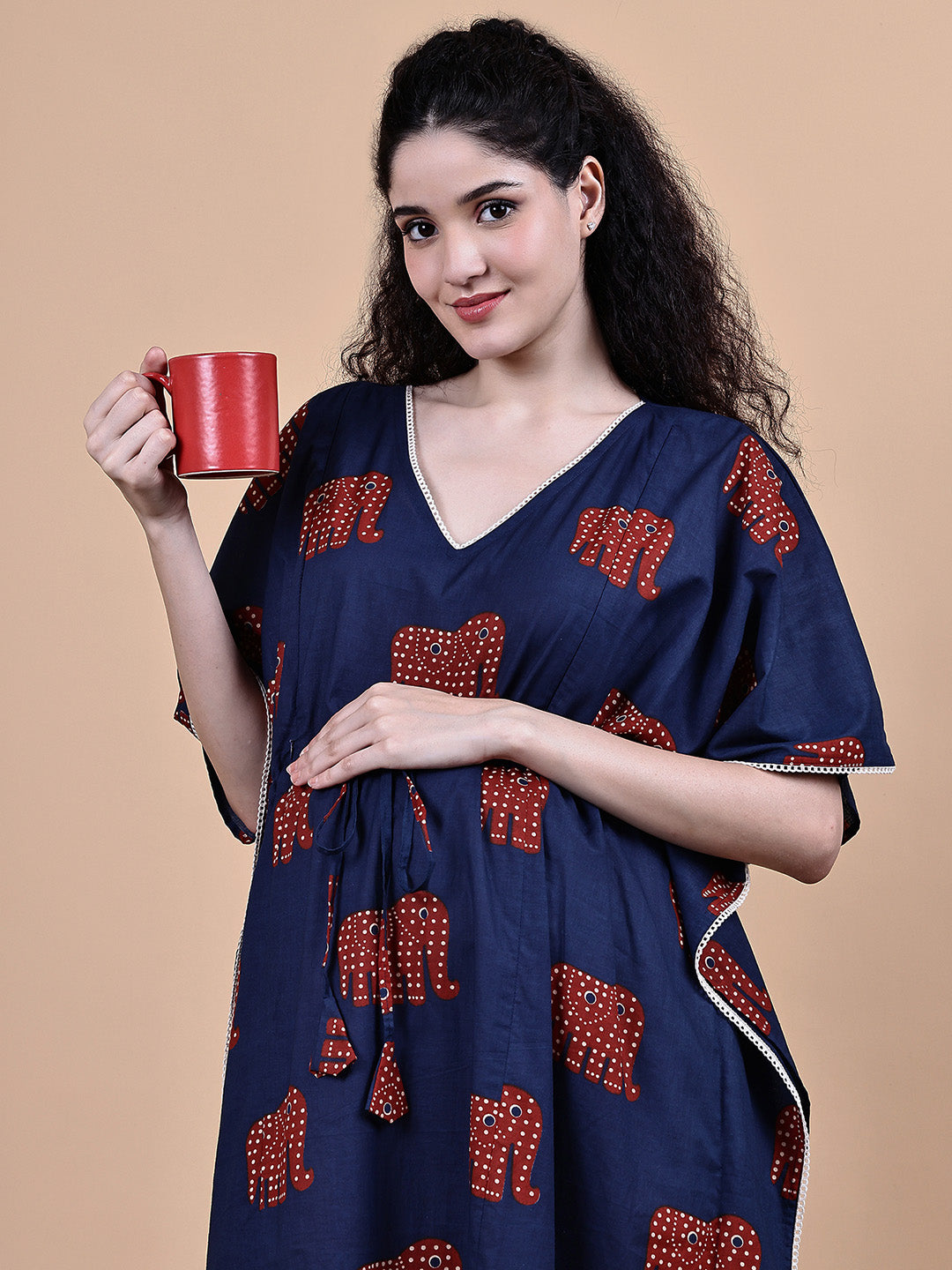 Navy Blue Elephant Cotton Maternity Kaftan
