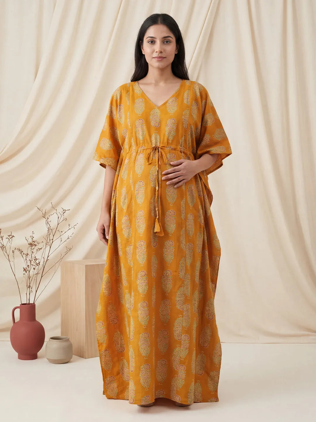 Yellow Floral Cotton Maternity Kaftan