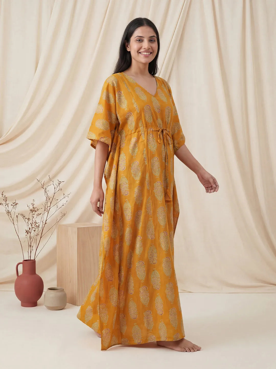 Yellow Floral Cotton Maternity Kaftan