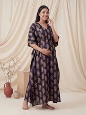 Purple Motif Print Cotton Maternity Kaftan