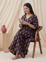 Purple Motif Print Cotton Maternity Kaftan