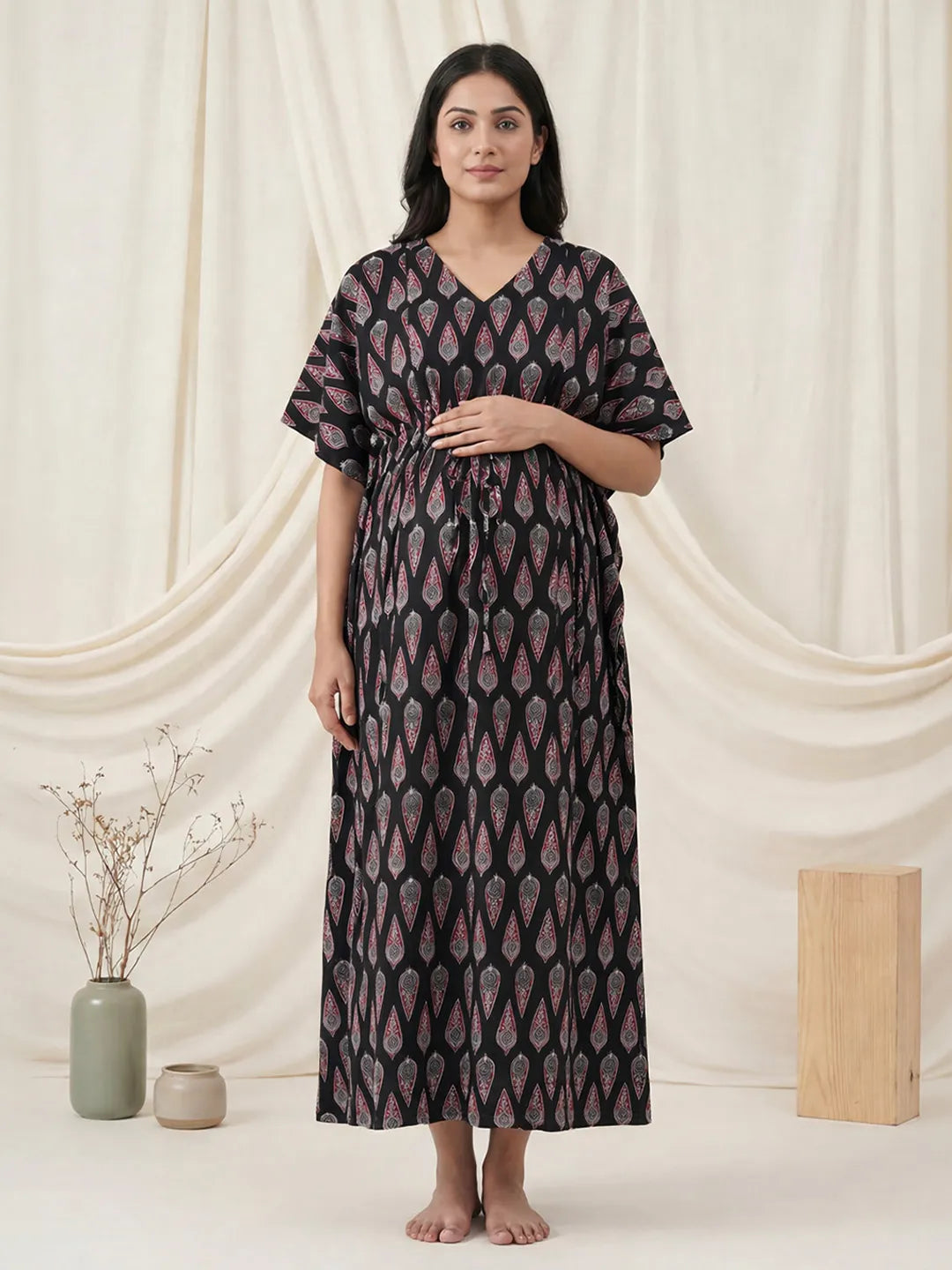 Black Abstract Cotton Maternity Kaftan