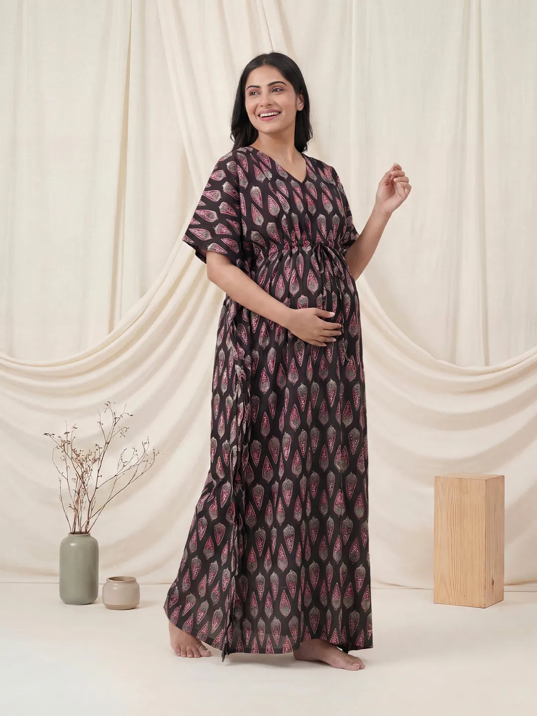 Black Abstract Cotton Maternity Kaftan