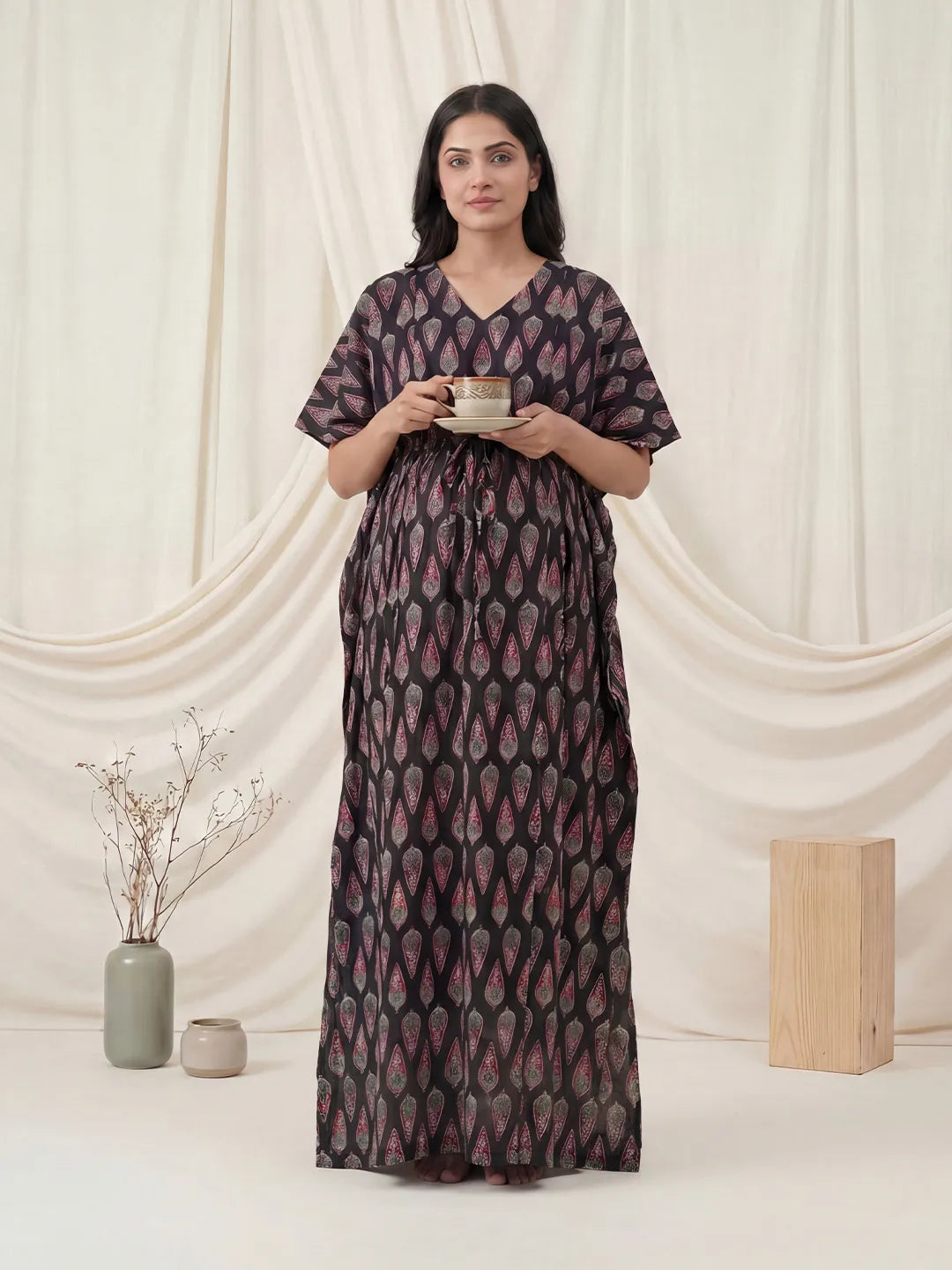 Black Abstract Cotton Maternity Kaftan