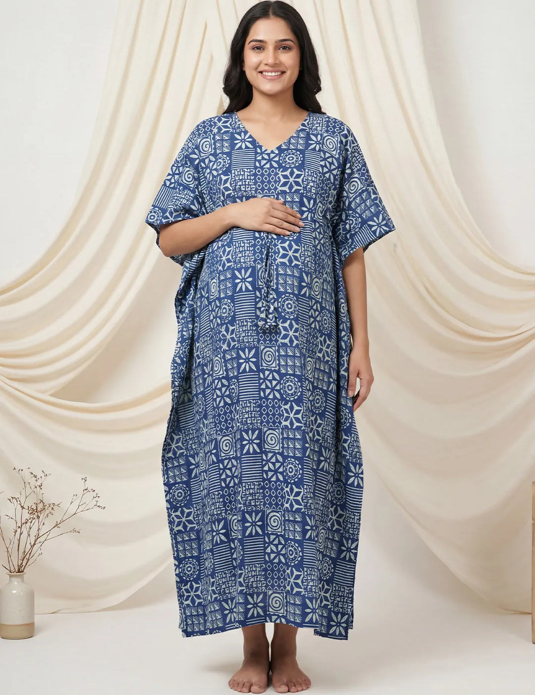Navy Blue Geometric Cotton Maternity Kaftan