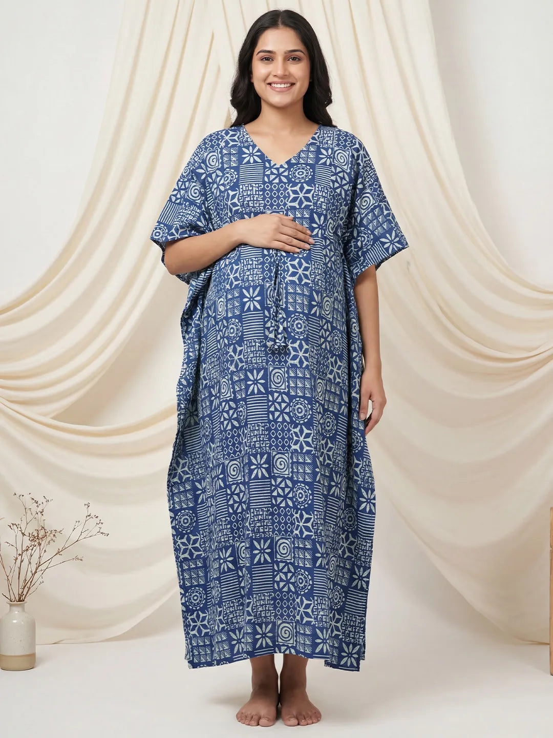 Navy Blue Geometric Cotton Maternity Kaftan