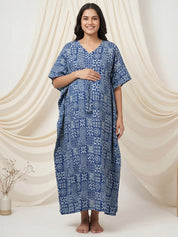 Navy Blue Geometric Cotton Maternity Kaftan