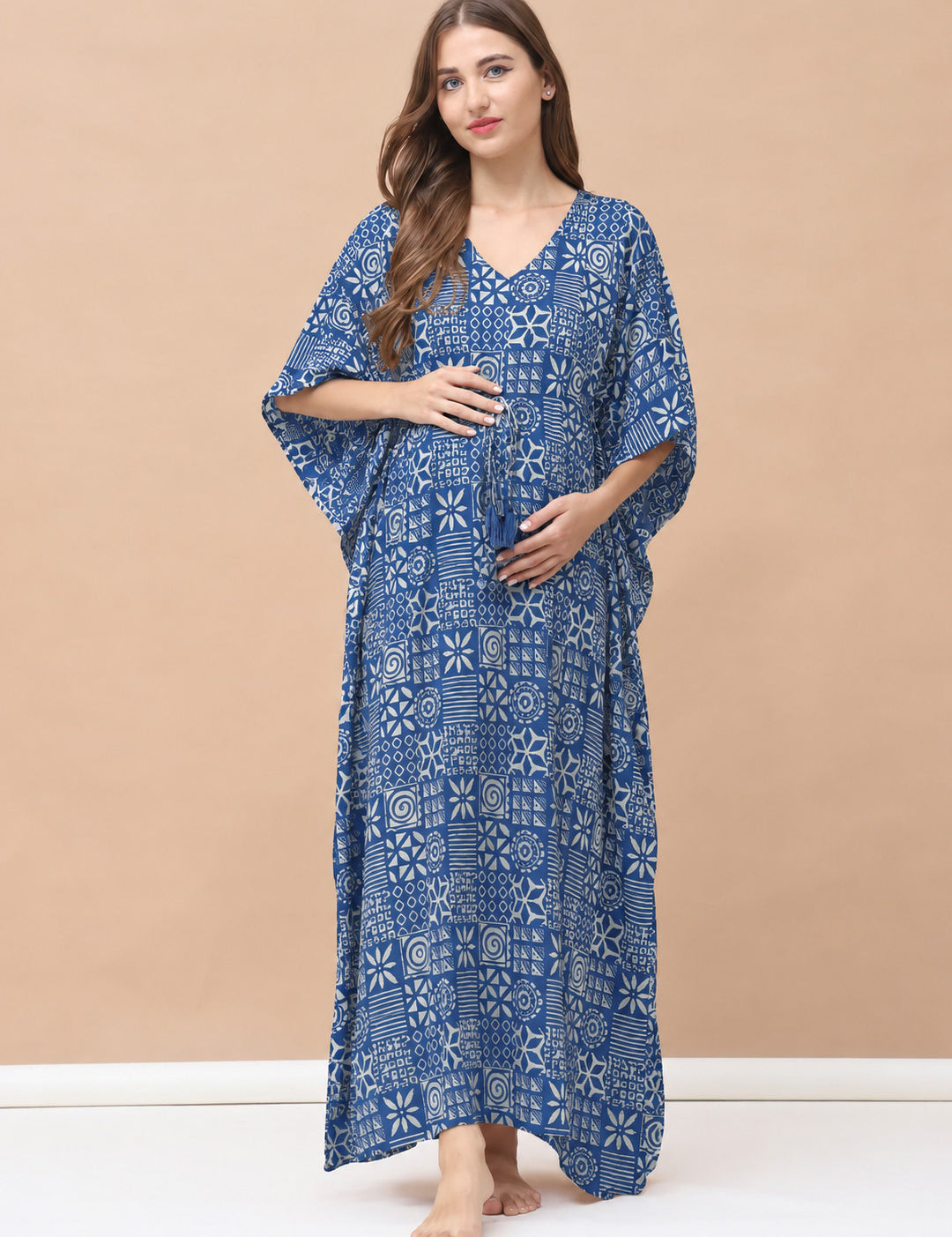 Navy Blue Geometric Cotton Maternity Kaftan
