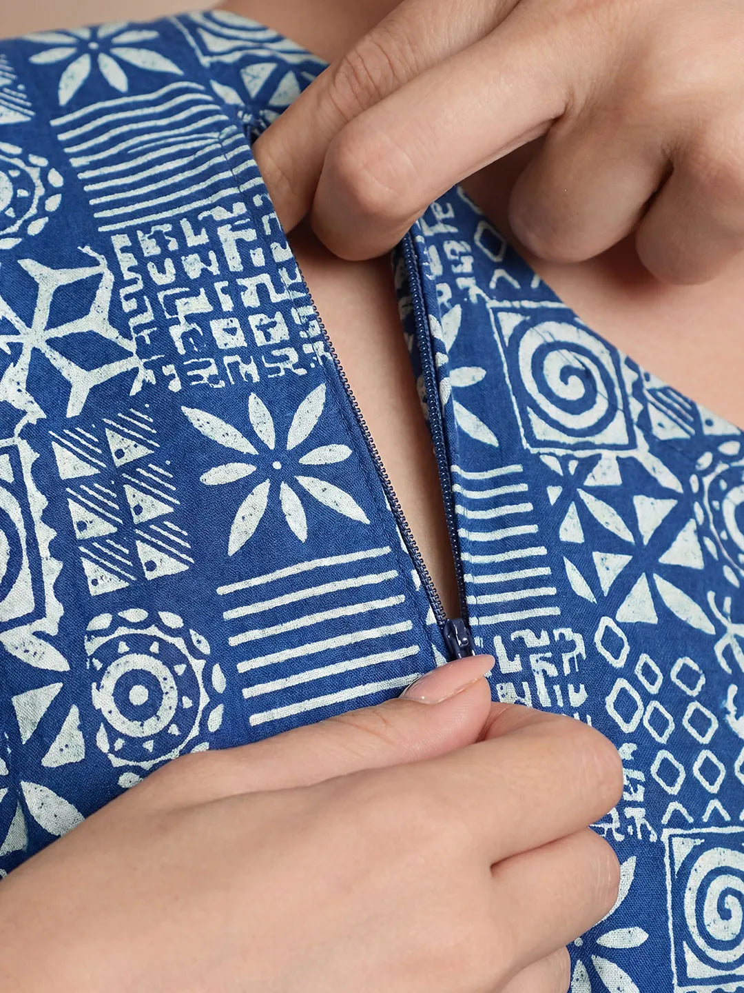 Navy Blue Geometric Cotton Maternity Kaftan