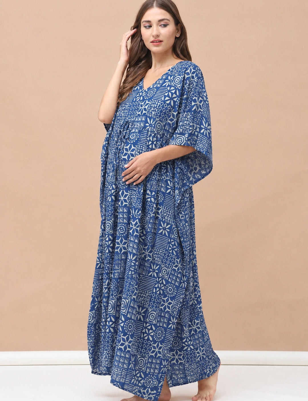 Navy Blue Geometric Cotton Maternity Kaftan