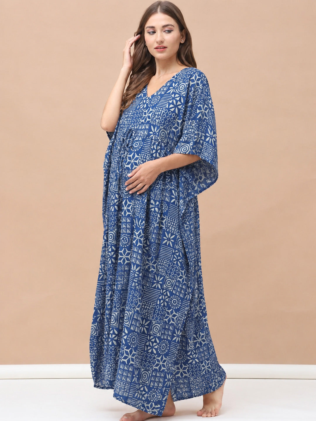 Navy Blue Geometric Cotton Maternity Kaftan