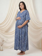 Navy Blue Geometric Cotton Maternity Kaftan