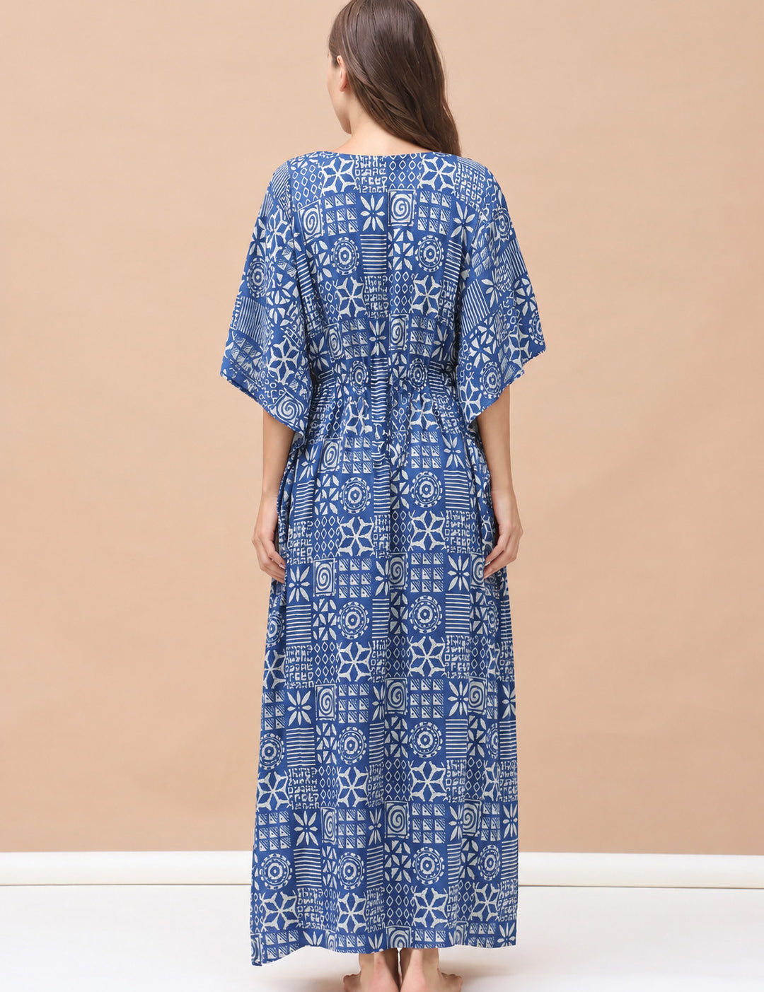 Navy Blue Geometric Cotton Maternity Kaftan