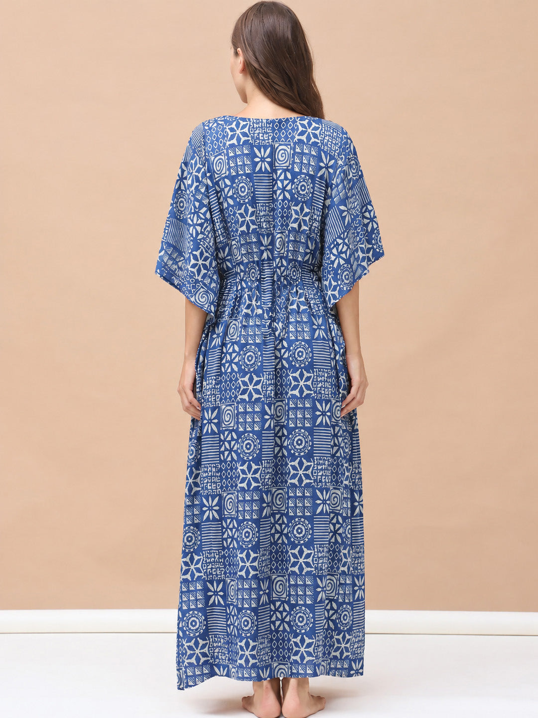 Navy Blue Geometric Cotton Maternity Kaftan