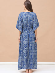 Navy Blue Geometric Cotton Maternity Kaftan