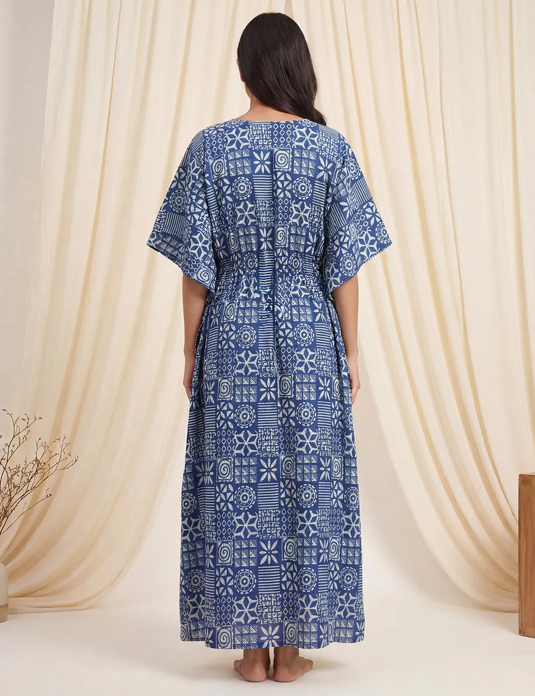 Navy Blue Geometric Cotton Maternity Kaftan