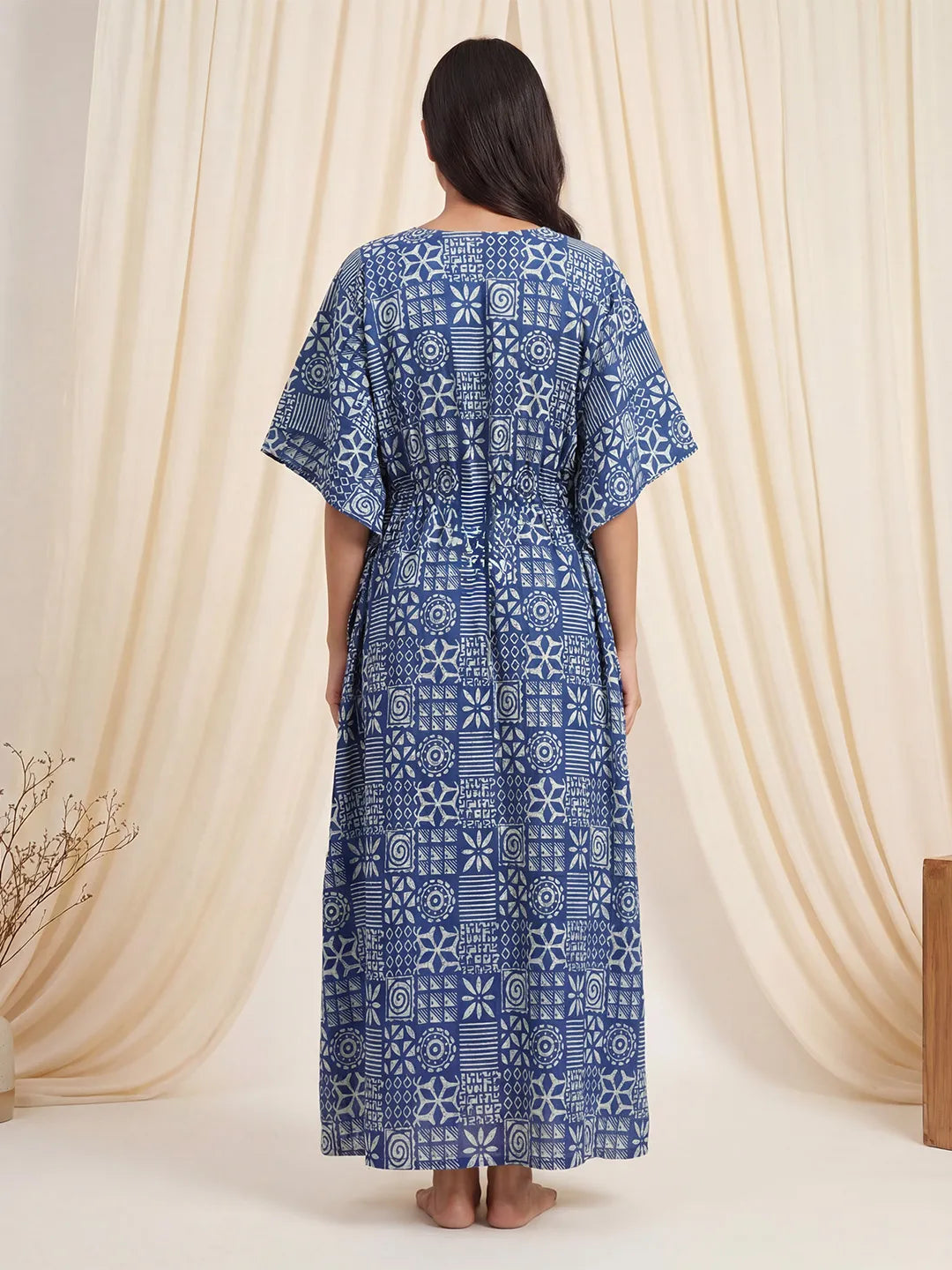 Navy Blue Geometric Cotton Maternity Kaftan