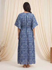 Navy Blue Geometric Cotton Maternity Kaftan