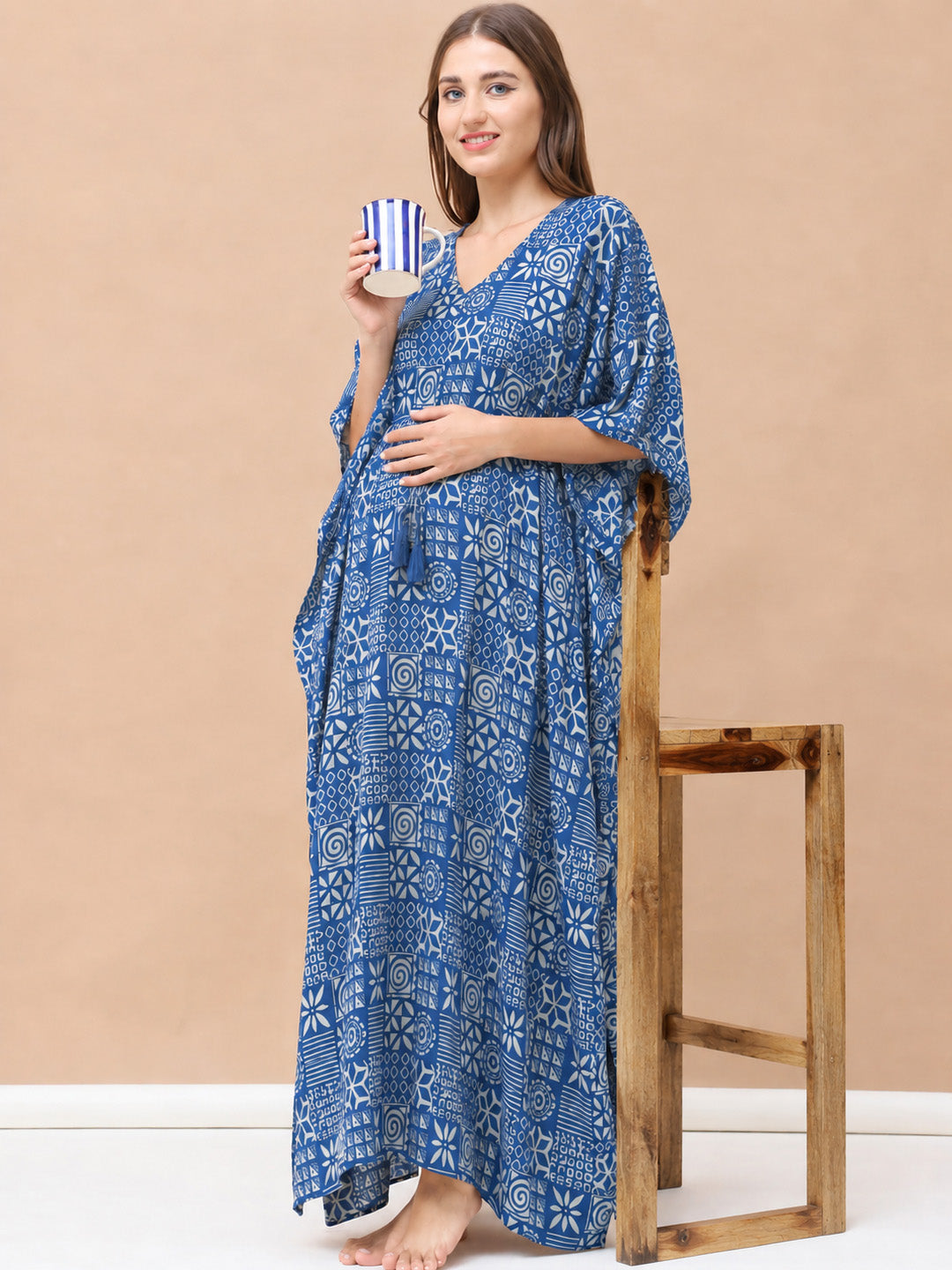 Navy Blue Geometric Cotton Maternity Kaftan