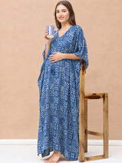 Navy Blue Geometric Cotton Maternity Kaftan