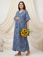 Navy Blue Geometric Cotton Maternity Kaftan
