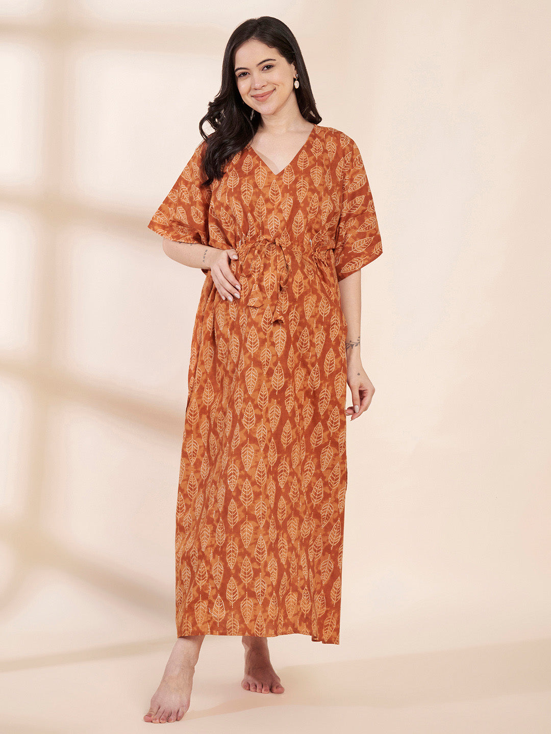 Mustard Floral Cotton Maternity Kaftan