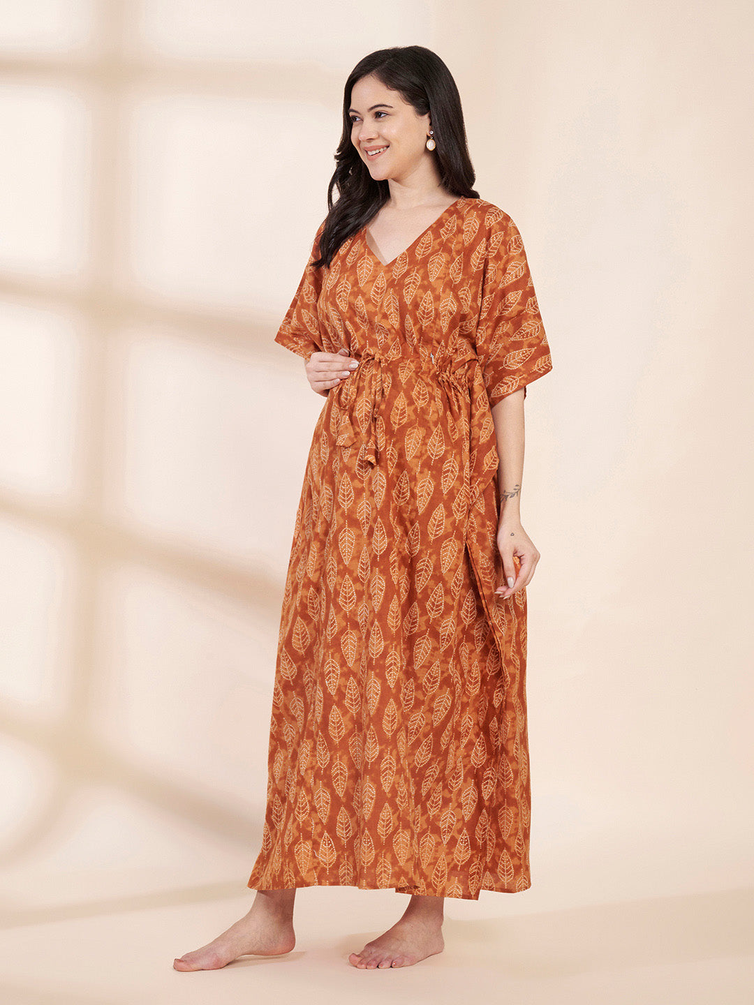 Mustard Floral Cotton Maternity Kaftan