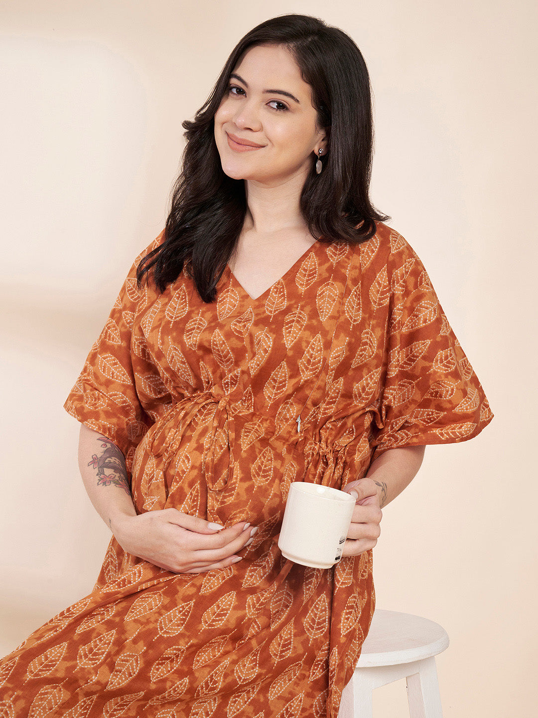 Mustard Floral Cotton Maternity Kaftan