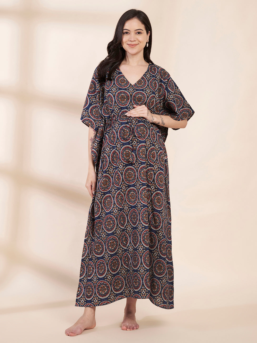 Blue Printed Cotton Maternity Kaftan