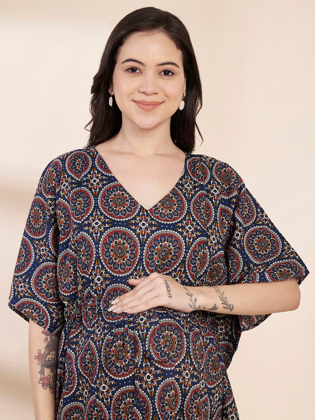 Blue Printed Cotton Maternity Kaftan