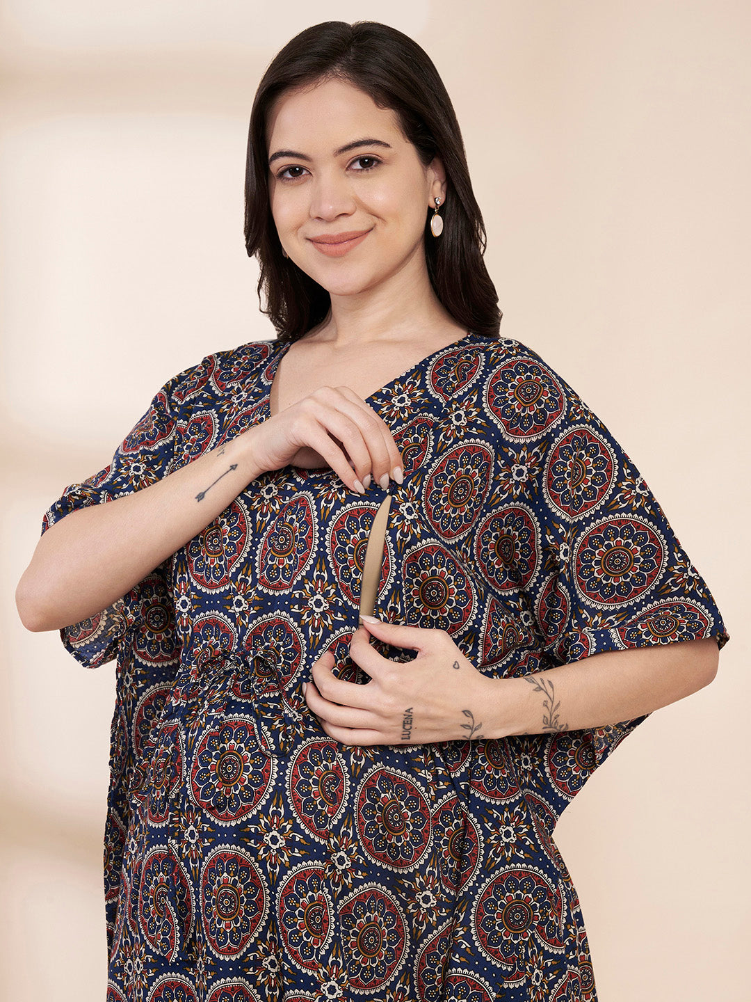 Blue Printed Cotton Maternity Kaftan