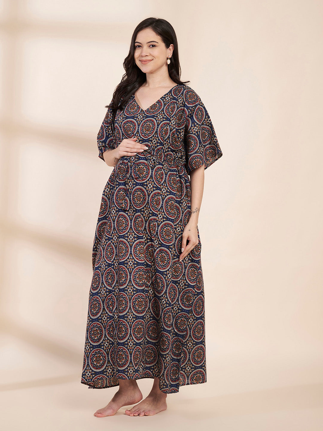 Blue Printed Cotton Maternity Kaftan