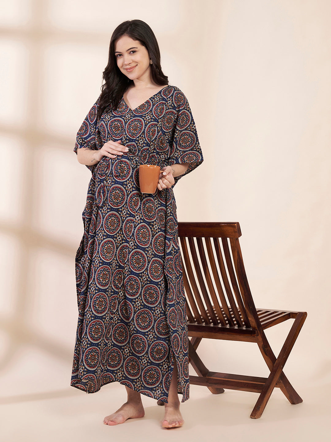 Blue Printed Cotton Maternity Kaftan