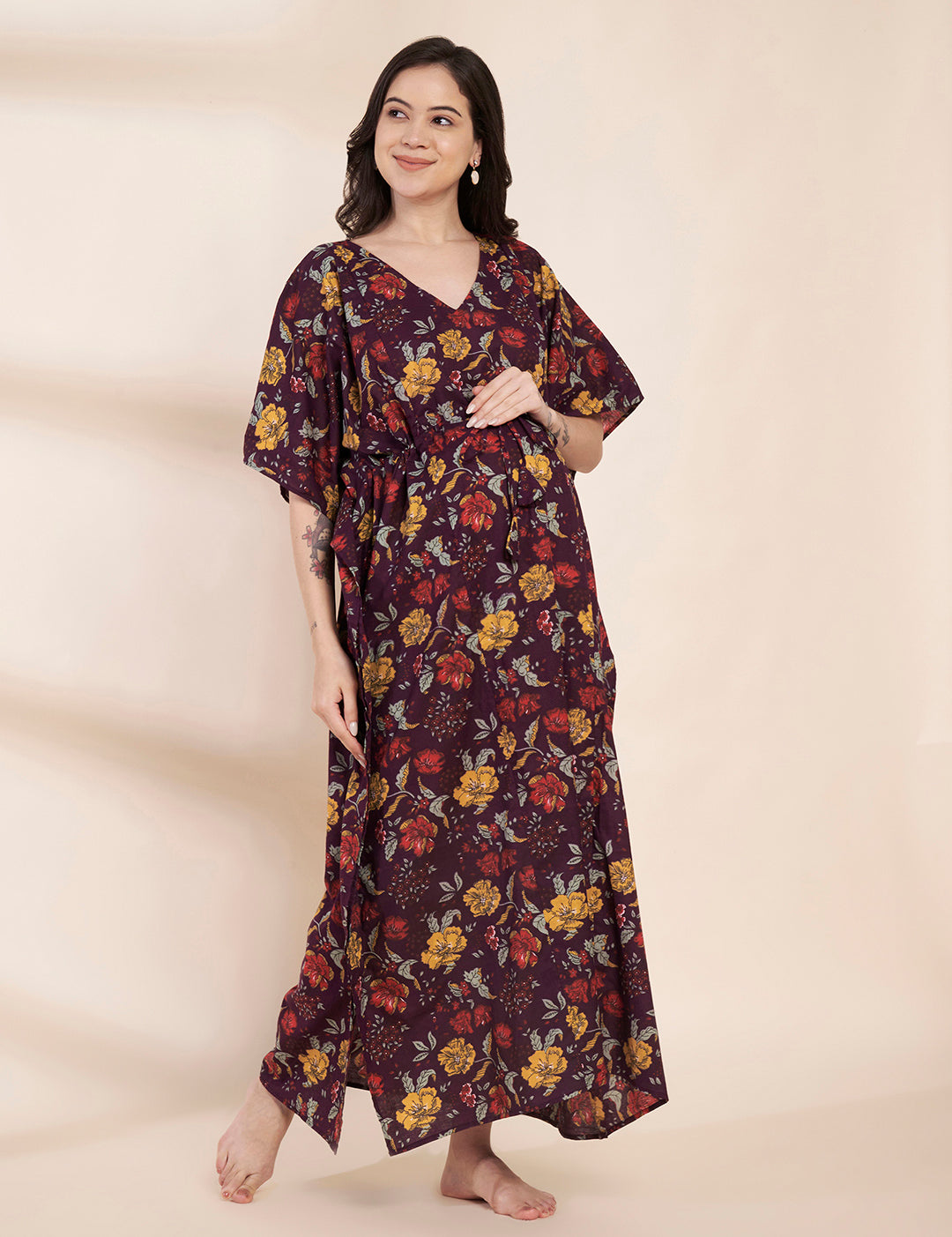 Purple Floral Cotton Maternity Kaftan