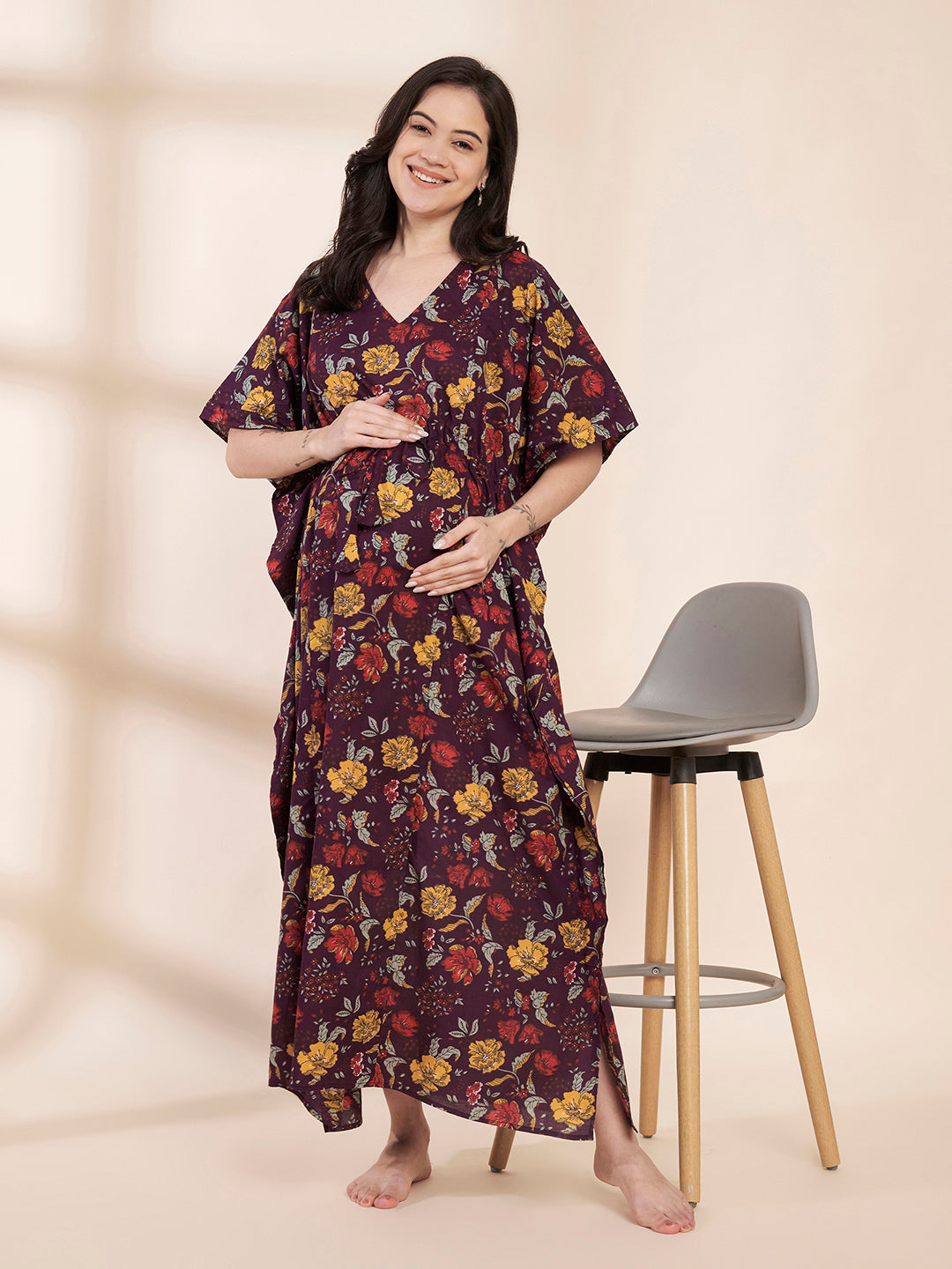 Purple Floral Cotton Maternity Kaftan