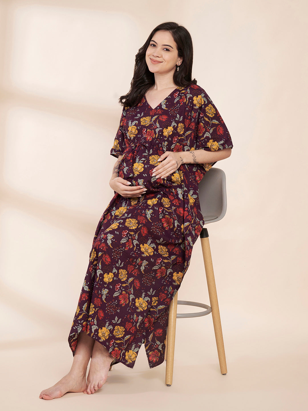 Purple Floral Cotton Maternity Kaftan