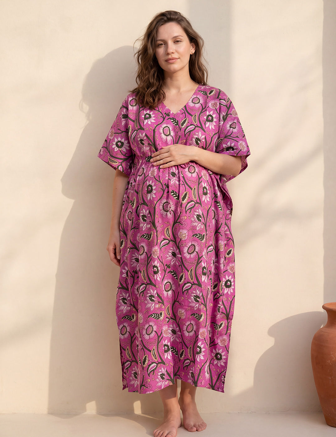 Pink Floral Cotton Maternity Kaftan