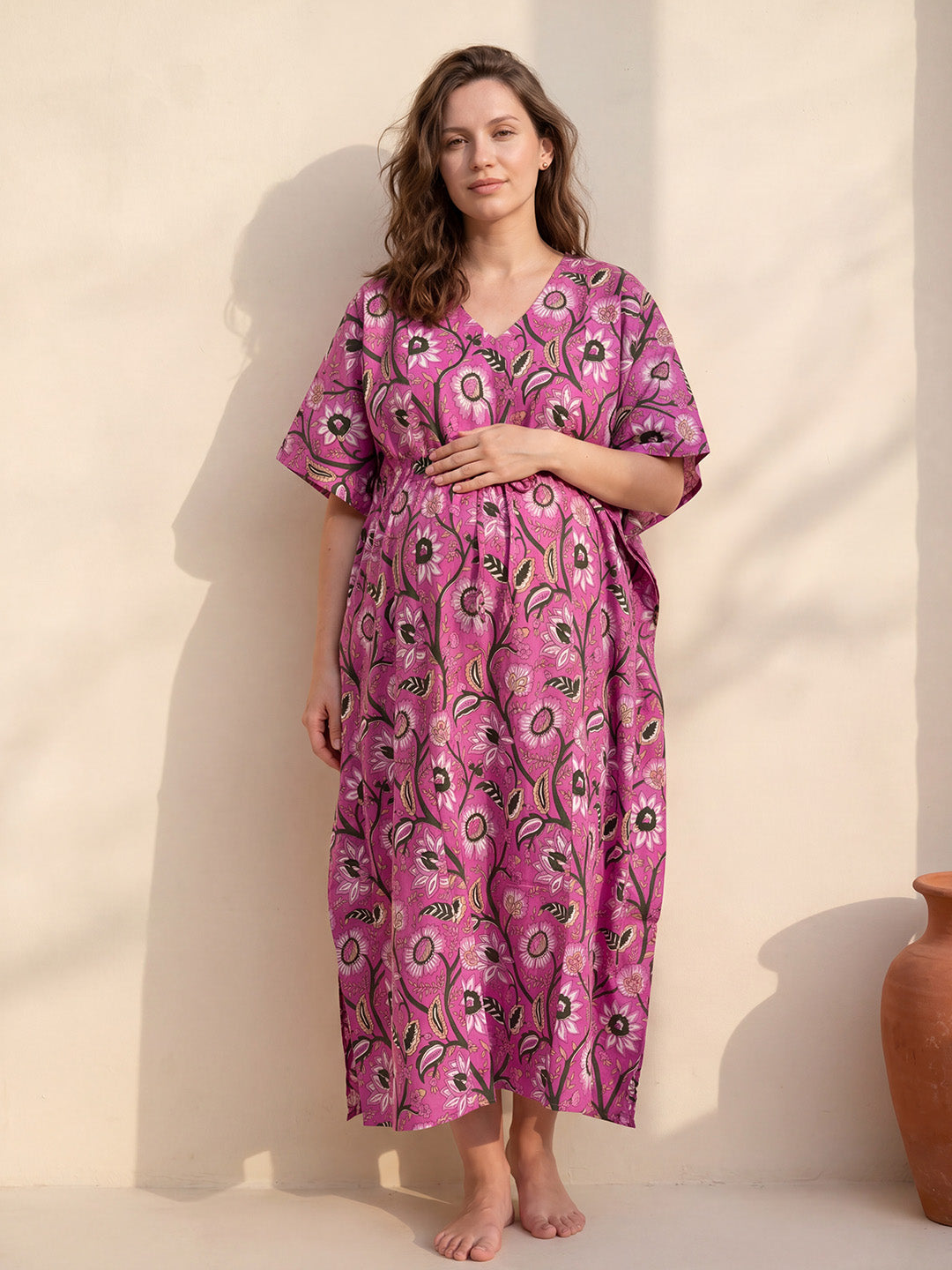 Pink Floral Cotton Maternity Kaftan