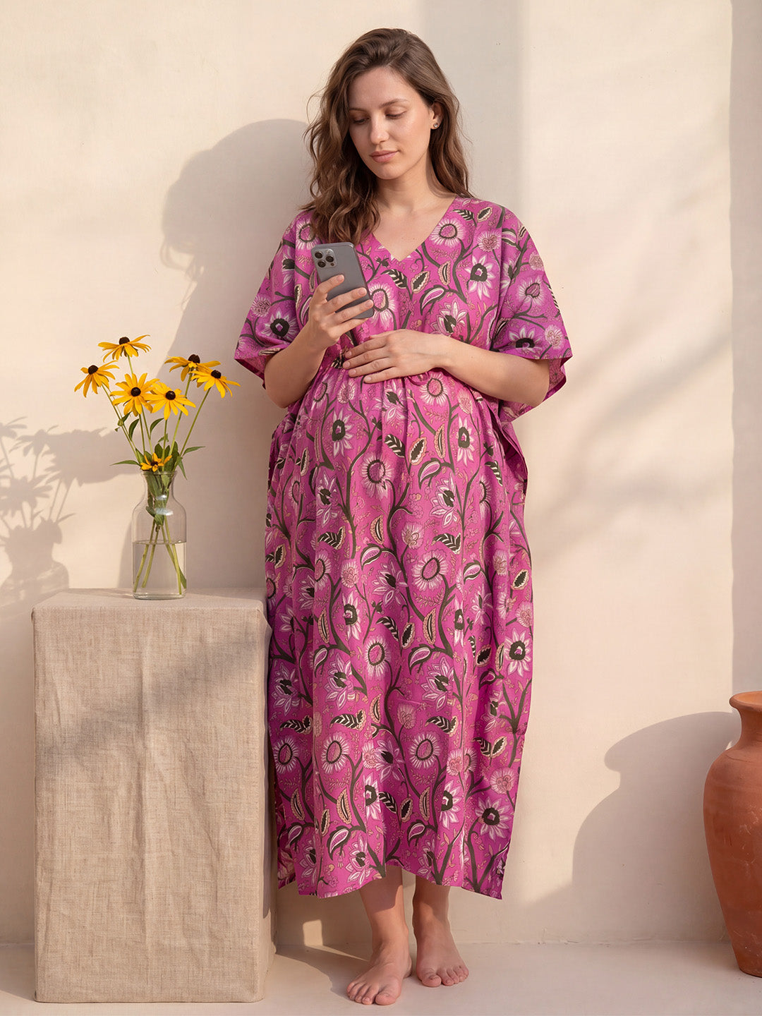 Pink Floral Cotton Maternity Kaftan