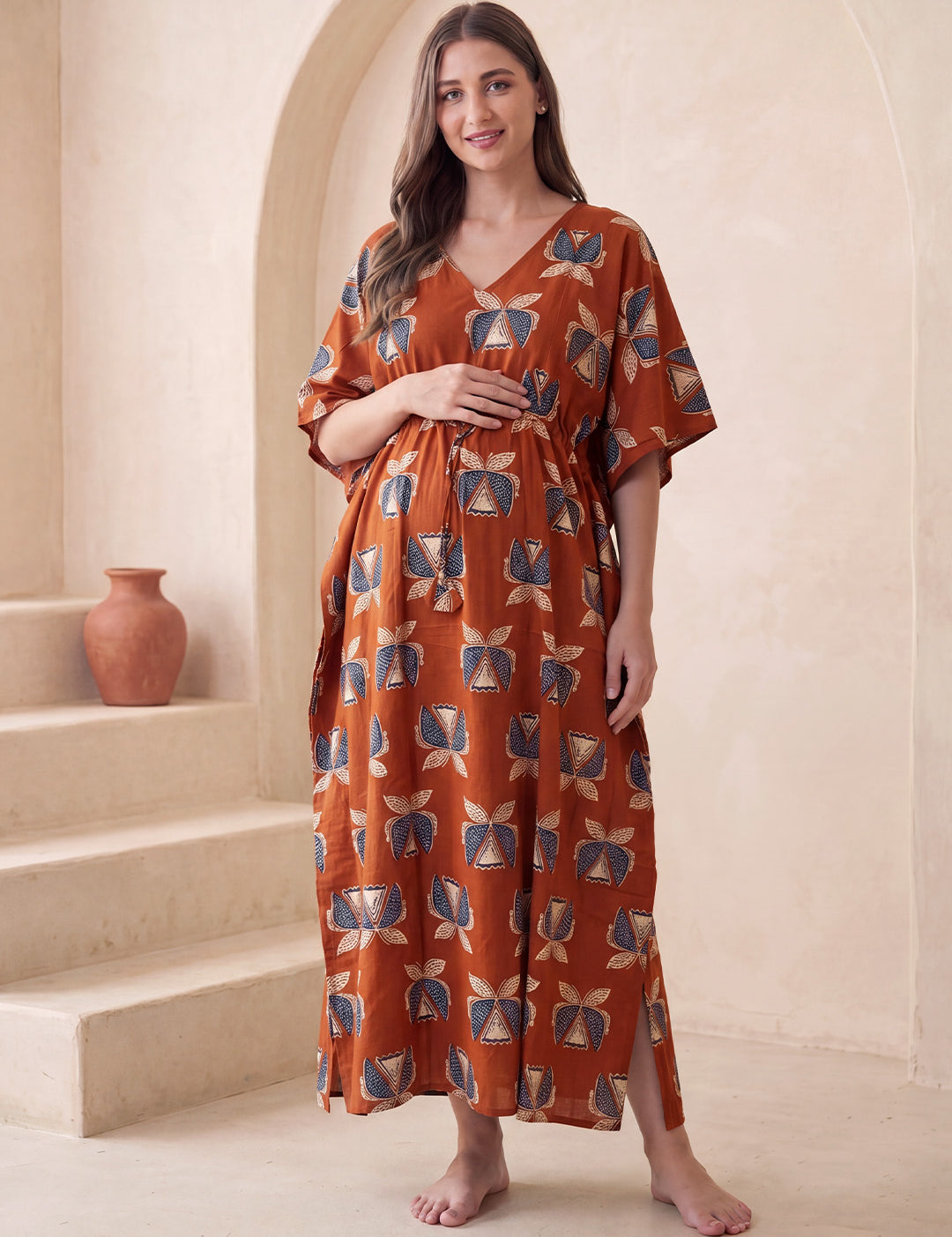 Rust Printed Cotton Maternity Kaftan
