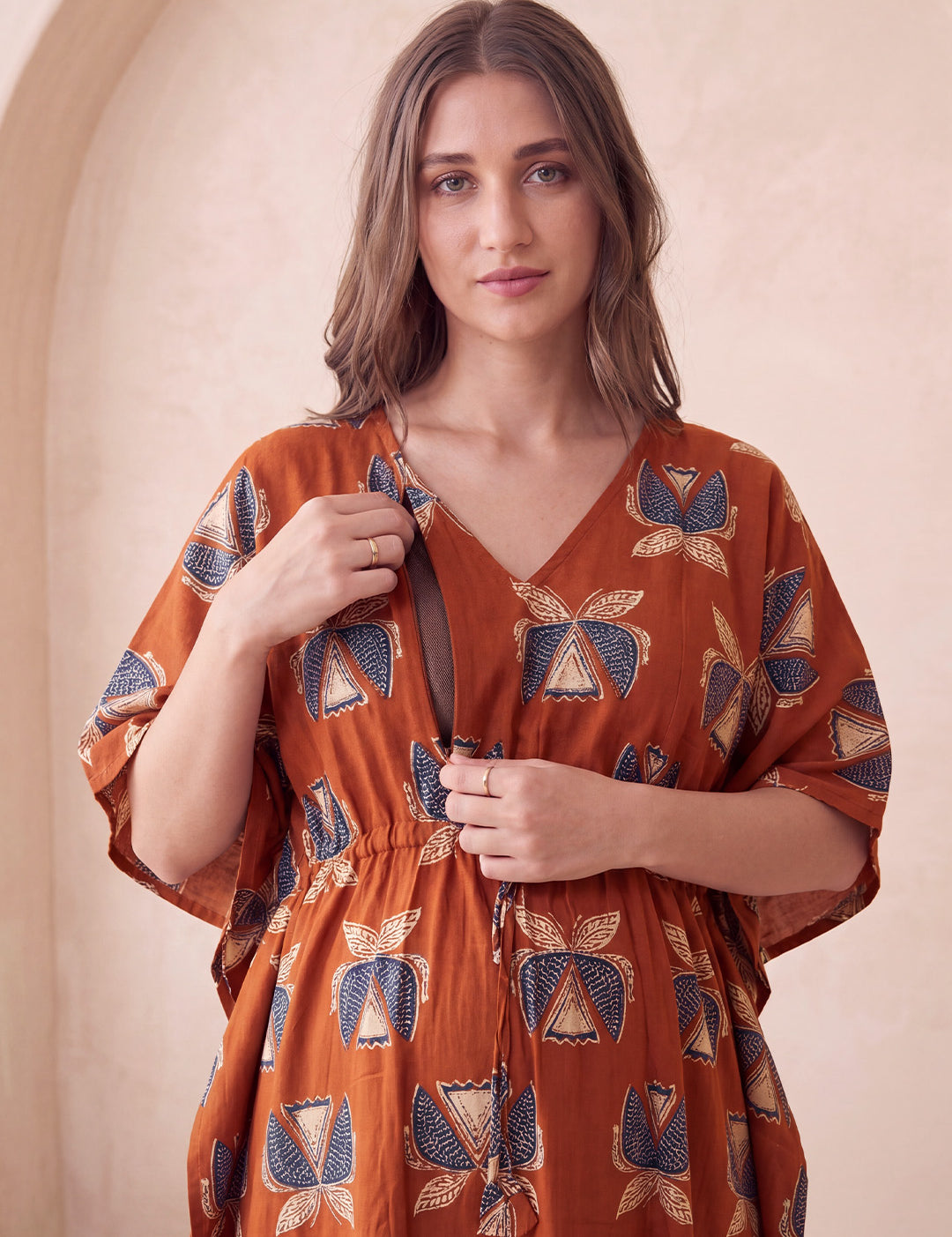 Rust Printed Cotton Maternity Kaftan