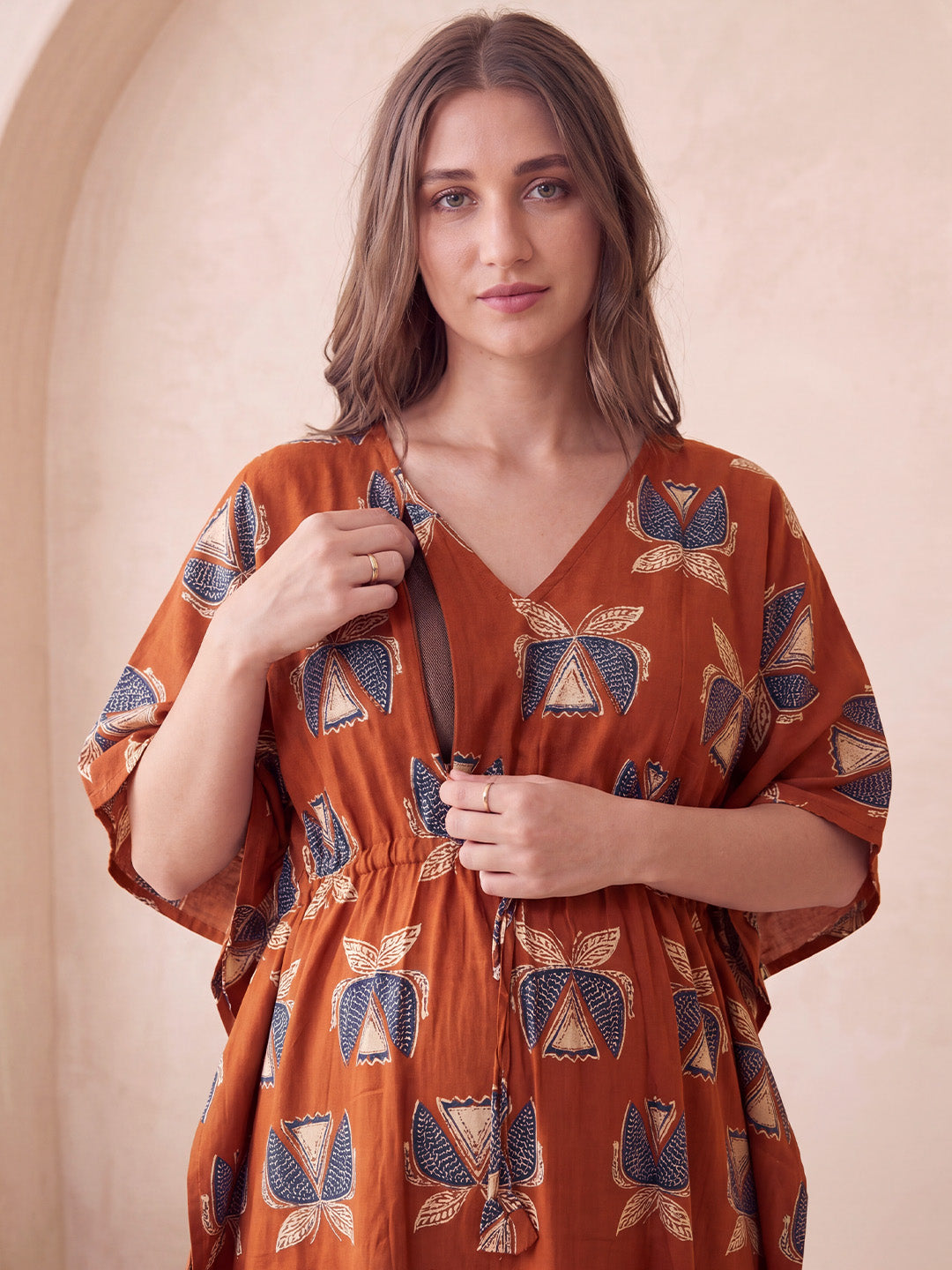 Rust Printed Cotton Maternity Kaftan