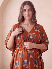 Rust Printed Cotton Maternity Kaftan