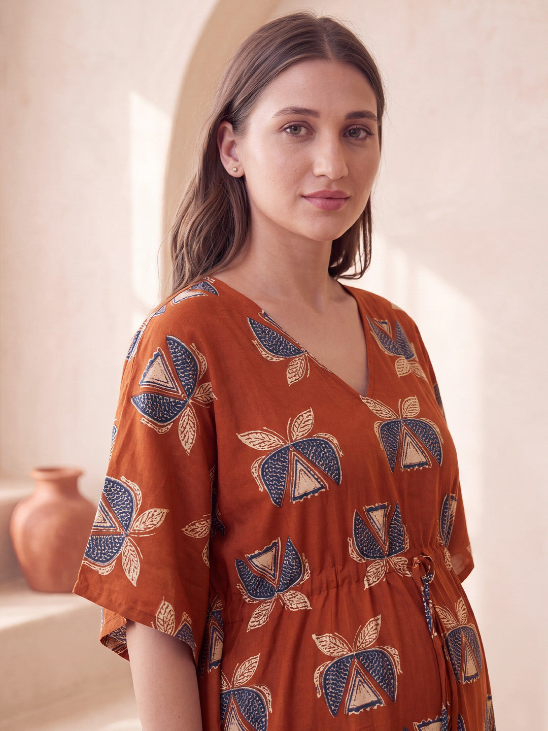 Rust Printed Cotton Maternity Kaftan