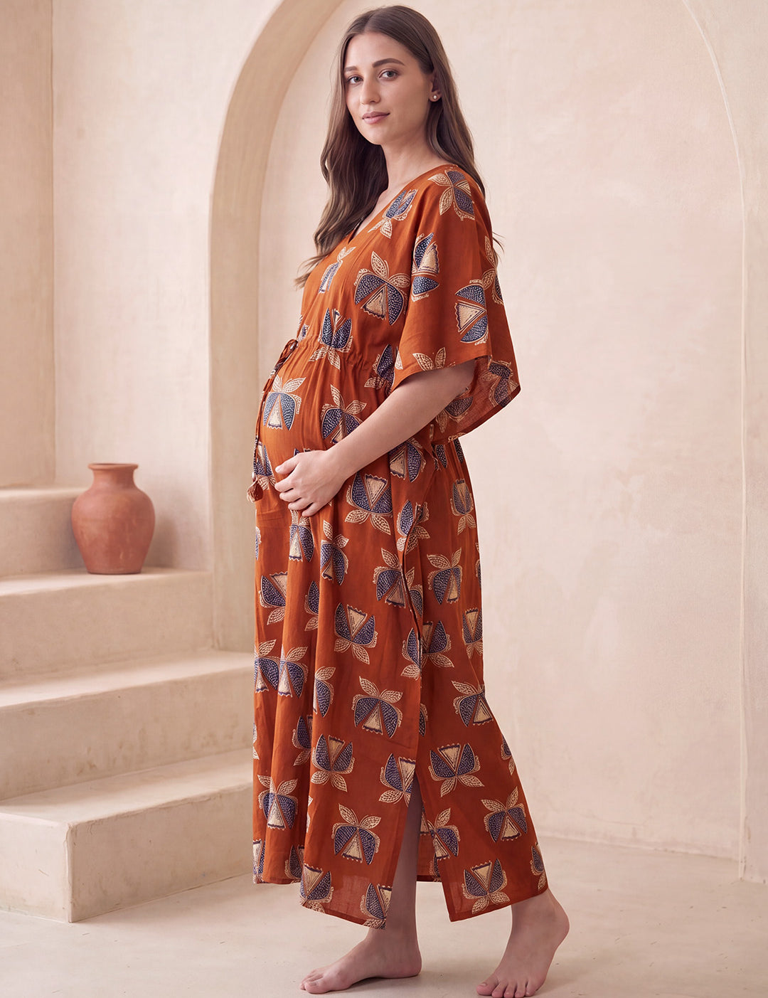 Rust Printed Cotton Maternity Kaftan